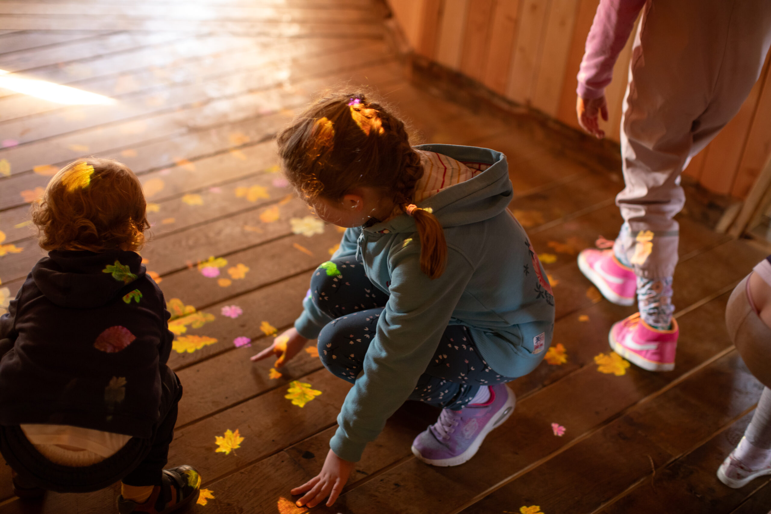 Two young children, kneeling, looking at images of leaves that are being projected on to the floor.