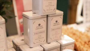 A stack of the Windsor Farm Shop tea tins.