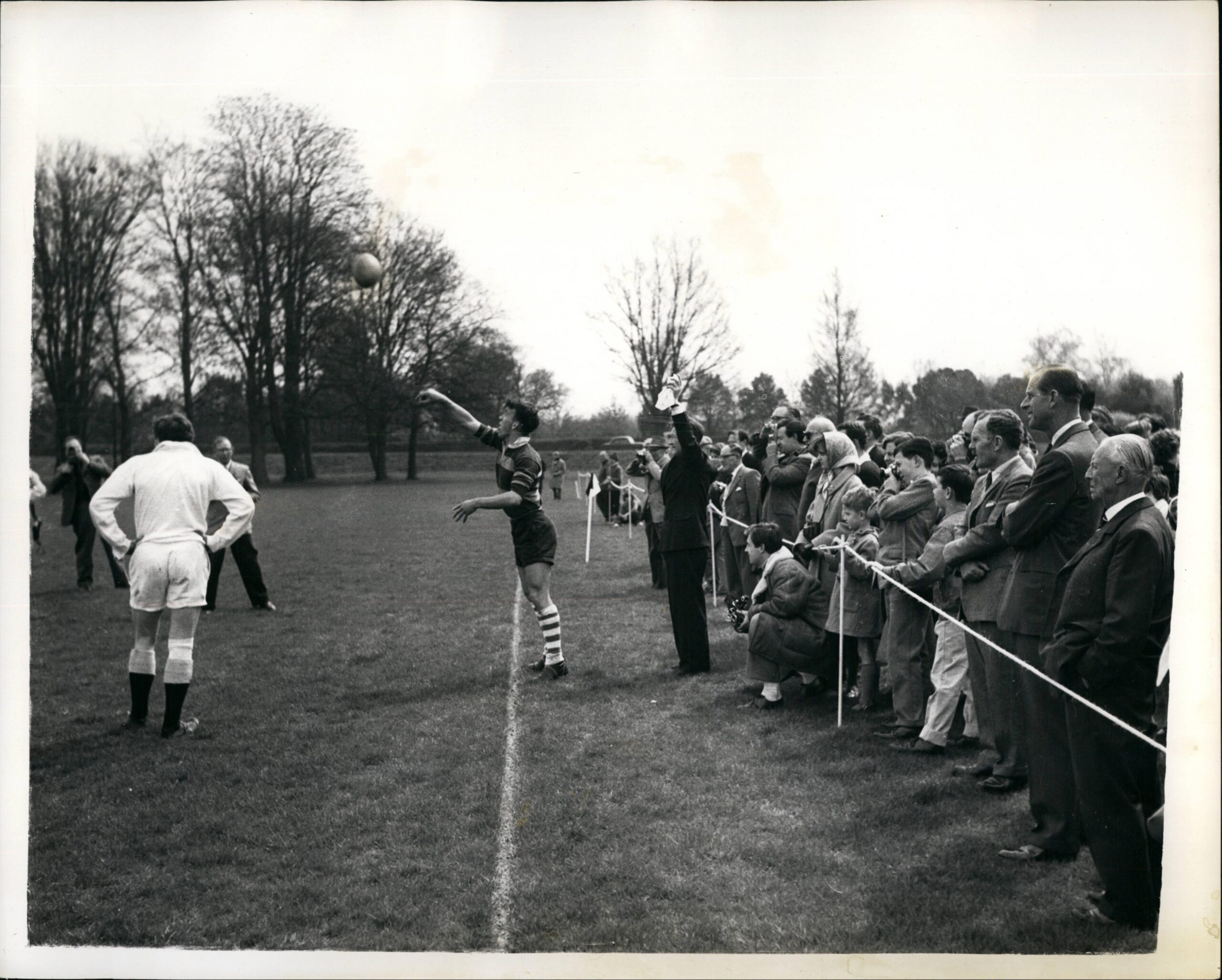 HRH The Prince Phillip, Duke of Edinburgh watches a rugby match.