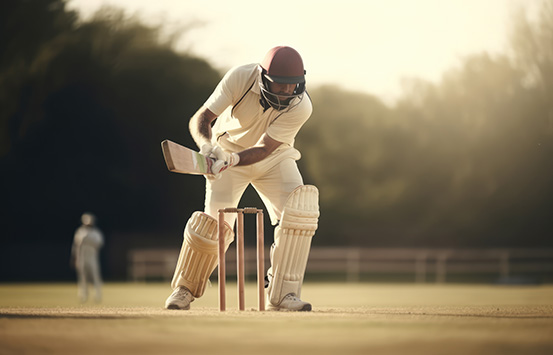 Cricket player standing in front of cricket stumps hitting a cricket ball.