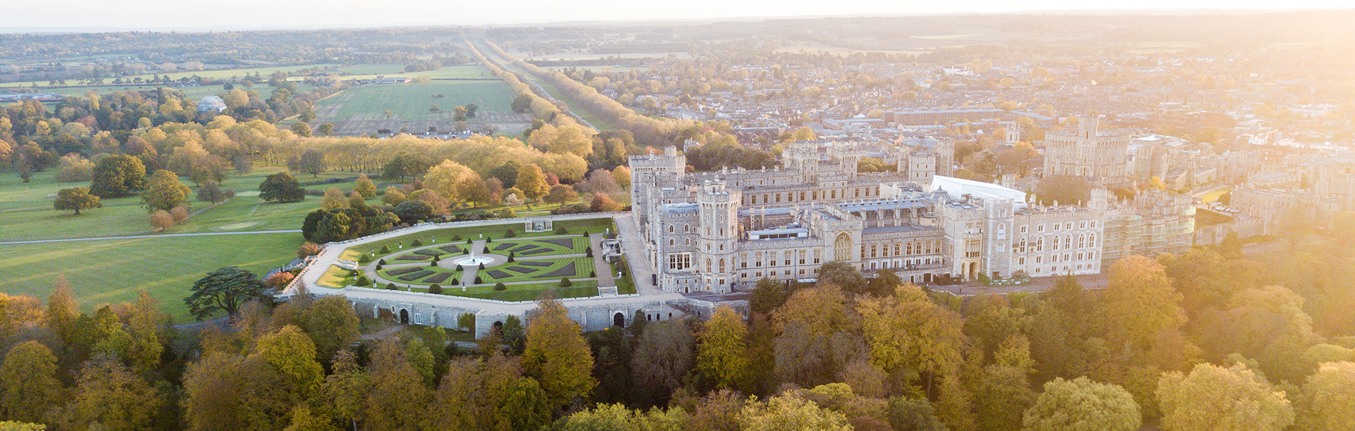 A view of Windsor Castle, Eton and Home Park Public from the sky.